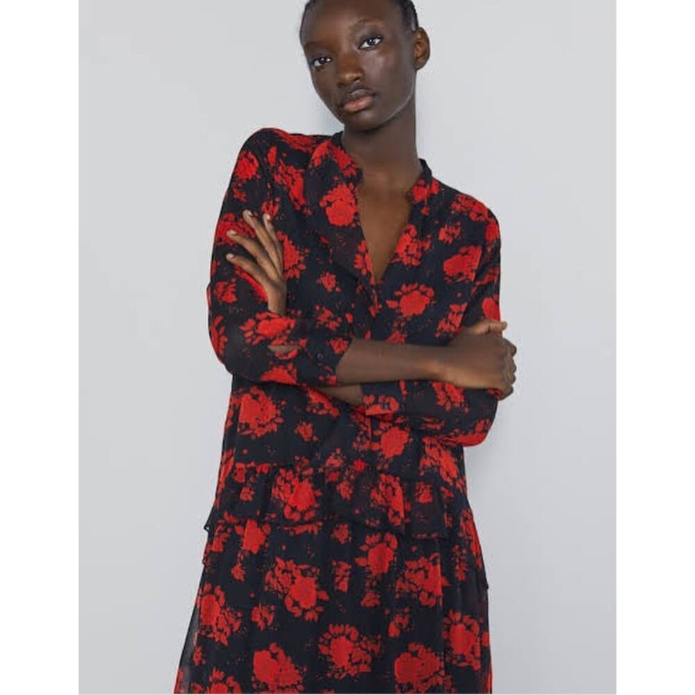 ZARA Floral Print Dress Size‎ S Black Red Roses Crinkle Chiffon Ruffle Mini